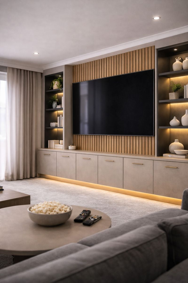 Modern Double Shelf Slat Media Wall